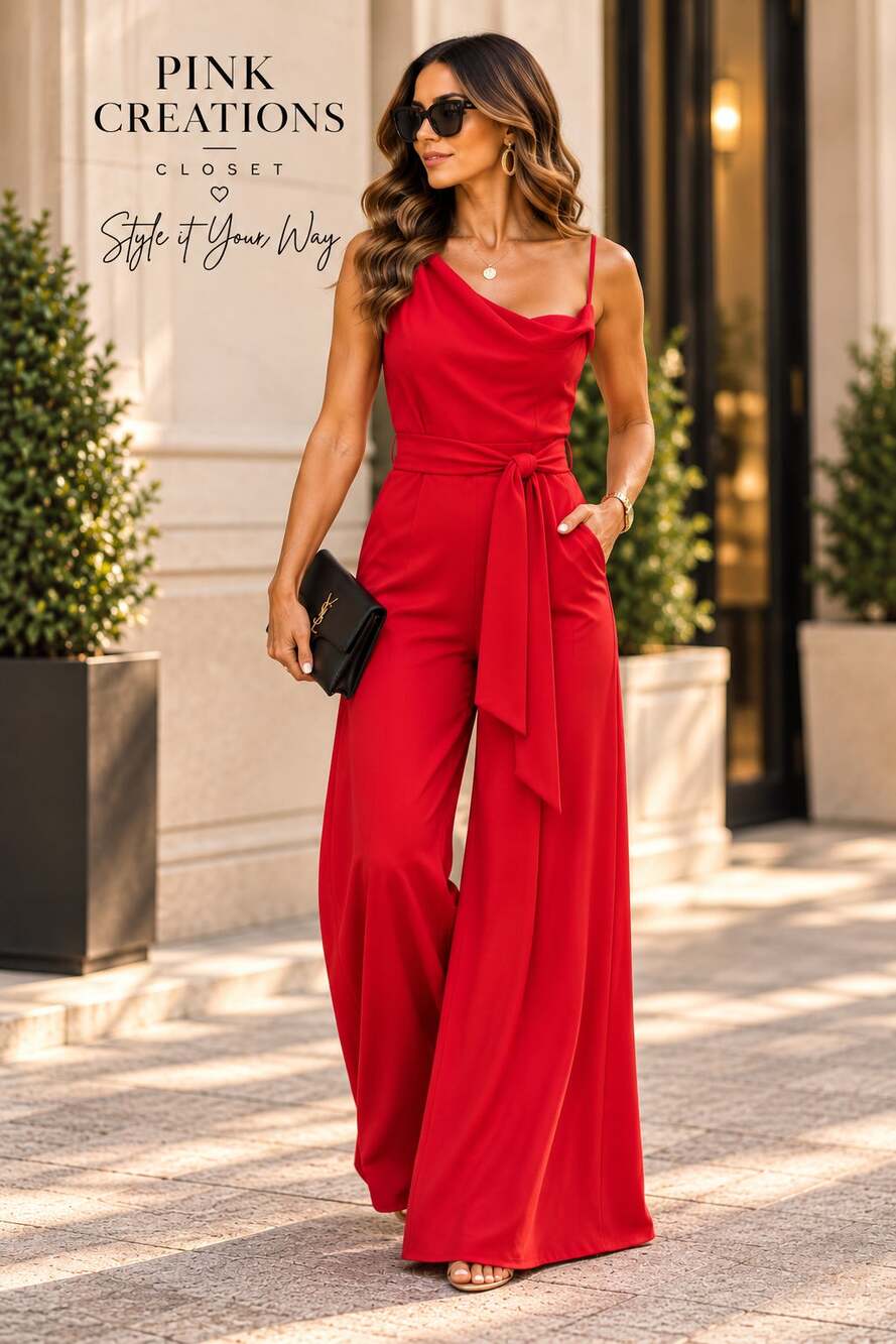 Red Draped Neckline Tie-Waist Wide-Leg Jumpsuit Small NWT
